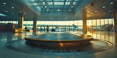 Poster - A large metal luggage carousel in a modern airport. Generative AI.