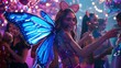 Social butterfly with literal butterfly wings, flitting between groups in a glittering party scene , professional color grading