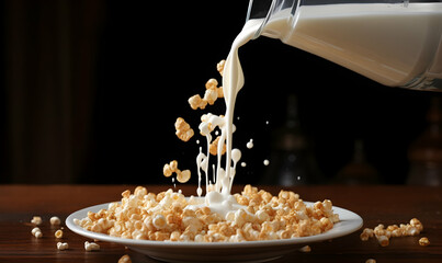 Wall Mural - Milk pouring into bowl with tasty cornflakes on wooden table