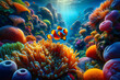 a colorful clownfish swimming among vibrant sea anemones in a coral reef