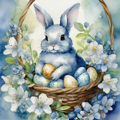 Wall Mural - a beautiful watercolor painting featuring an adorable Easter bunny in shades of blue and white, holding a basket brimming with Easter eggs and surrounded by delicate spring blooms