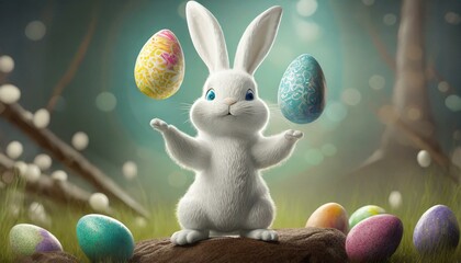 Canvas Print - An Easter bunny and Easter eggs.
