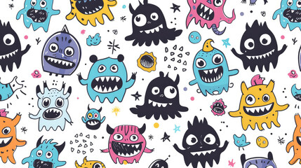 Wall Mural - Colorful Doodle Monsters Vector Pattern