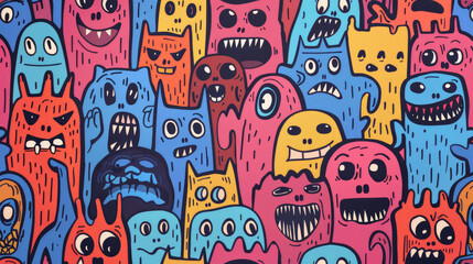 Poster - Colorful Doodle Monsters Vector Pattern