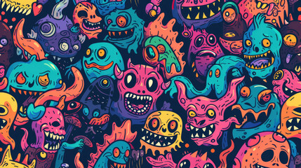 Poster - Colorful Doodle Monsters Vector Pattern