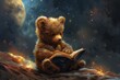 © DZMITRY - A cute bear reads a book on the moon. Hand drawn modern illustration.