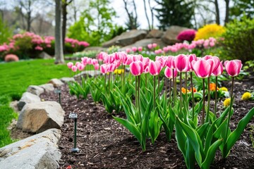 Sticker - Row of pink tulips are planted in garden next to rock wall