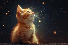 This Illustration Features A Cute Kitten Perched On The Moon Catching Stars.