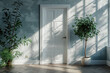 Photo of a white door in an elegant room with blue-green walls and wooden floors, complemented in the style of potted plants. Created with Ai