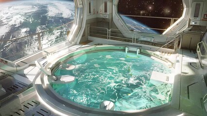 Wall Mural - stellar getaway retreat to a 3d printed space station. seamless looping overlay 4k virtual video ani