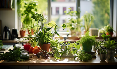 Plants on kitchen table background design