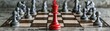 A single red chess piece surrounded by gray pieces on a minimalistic chessboard, emphasizing challenging the status quo