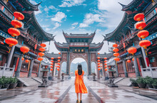 A Girl Wearing An Orange Cheongsam Stands In Front Of The Majestic Temple Gate, Surrounded By Red Lanterns Hanging Above.