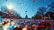 Waterlike confetti falls from sky in front of capitol building