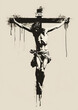흰색 배경에 흑백으로 표현된 십자가 위의 예수님. 가시 면류관. 골고다언덕, 부활절, 오순절, 고난주간. 교회.