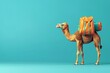 A camel is carrying a backpack and a bag