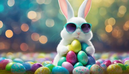 Sticker - A white Easter bunny in sunglasses who is holding a pile of Easter eggs.
