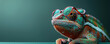 A chameleon wearing sunglasses on a solid color background in the style of cool photography with high definition quality as a wallpape. Created with Ai