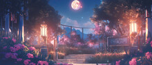 Anime Scenery Of A Garden With A Stairway Leading To A Full Moon