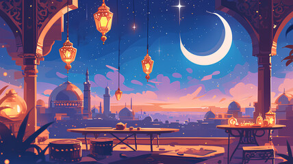 Night city with bright moon Ramadan, Muslim, anime art background