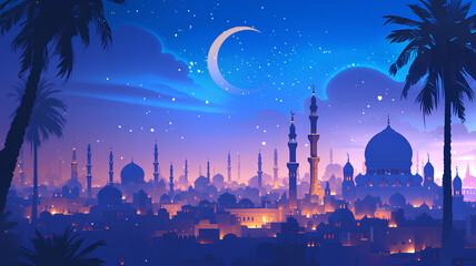 Night city with beautiful atmosphere of Ramadan, Muslim, anime art background