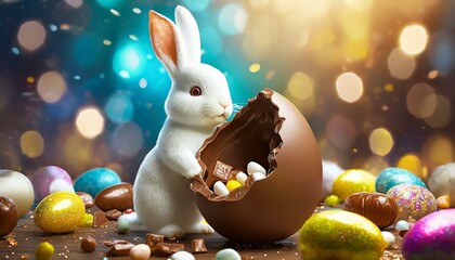 Wall Mural - A white Easter bunny holding a giant chocolate Easter egg.
