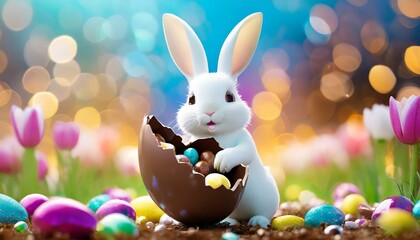 Wall Mural - A white Easter bunny holding a giant chocolate Easter egg.
