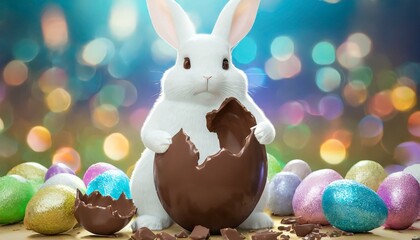 Wall Mural - A white Easter bunny holding a giant chocolate Easter egg.
