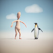3d little man character imitating a penguin.