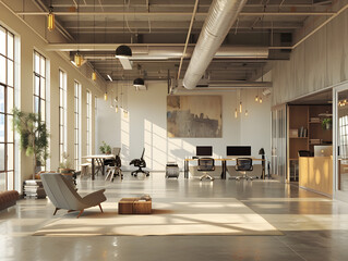  Sunlit modern office interior with desks and designer chairs. High ceiling workspace with ambient lighting and warm tones. Contemporary corporate office design for print and digital media. Wide-angle