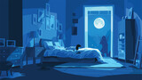 Fototapeta  - Tired girl crawls to bed at night. Evening bedroom