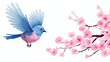 Tit bird flying towards blooming twig of sakura tre