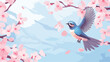 Tit bird flying towards blooming twig of sakura tre