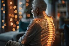 Digital Composite Of Highlighted Spine Of Senior Man With Back Pain At Home.