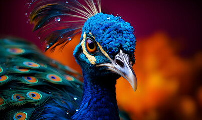 Wall Mural - Beautiful peacock on black background, close-up portrait