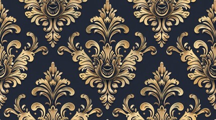 Poster - Baroque style Damask seamless pattern with intricate scrolls and foliage, royal elegance. Seamless Pattern, Fabric Pattern, Tumbler Wrap.