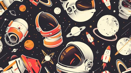 Canvas Print - Seamless pattern of space suits and helmets through the ages, from classic to modern designs. Seamless Pattern, Fabric Pattern, Tumbler Wrap.