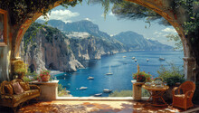 A Stunning View Of The Beautiful Capri Island, Italy, With Its Blue Sea And Lush Greenery, Is Captured In An Arch On One Side Of A Wall Mural. Created With Ai
