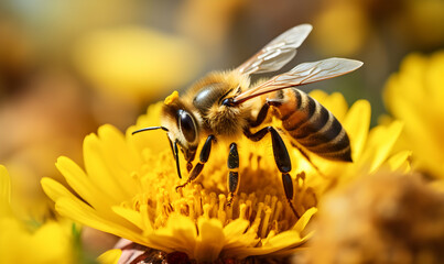 Bee on yellow flower. Macro photo. Shallow depth of field