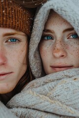 Wall Mural - Two women are hugging each other under a blanket. One of them has blue eyes. Concept of warmth and comfort