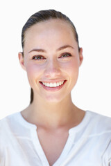 Poster - Portrait, smile and woman with fashion, confident girl and cheerful person isolated on a white studio background. Face, headshot and model with happiness and mockup space with joyful and peaceful