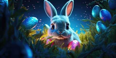 Wall Mural - A rabbit is in a field of Easter eggs. The rabbit is looking at the camera. Scene is lighthearted and playful