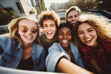 Wall Mural - A group of young people are smiling and posing for a picture in a car. Scene is happy and fun, as the group of friends are enjoying their time together