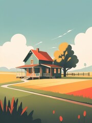 Wall Mural - country field and farm vintage colorful flat illustration