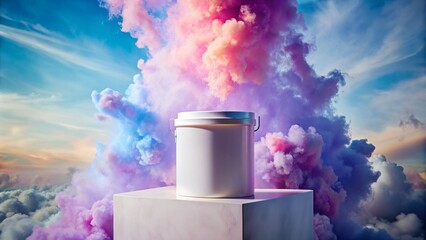 A colorful can of paint on a background of rainbow clouds.Inspiration for creativity: a can of paint and rainbow clouds.Bright colors: a can of paint and rainbow clouds.Photo of a can of paint on a ba