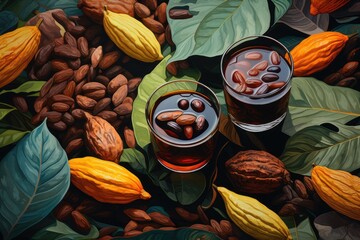 Wall Mural - Two glasses of chocolate drink are on a table with a bunch of nuts and leaves. The scene is set in a tropical environment with a lush green background