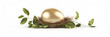 Golden egg in a nest with leaves on a white background with a light background . 
