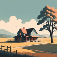 Wall Mural - country field and farm vintage colorful flat illustration