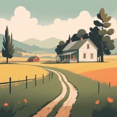 Wall Mural - country field and farm vintage colorful flat illustration