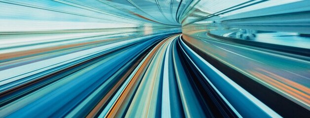 Wall Mural - Abstract high speed technology POV motion blurred concept image from the Yuikamome monorail in Tokyo, Japan